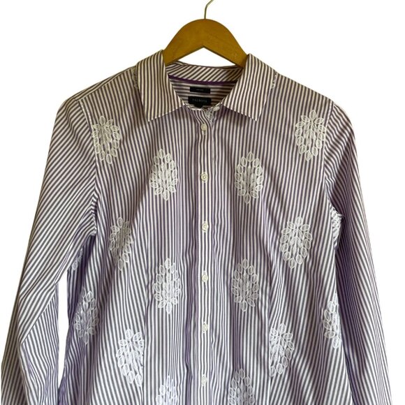 Talbots Perfect Purple White Floral Striped Non-Iron Collared Button Front Long - Picture 3 of 12
